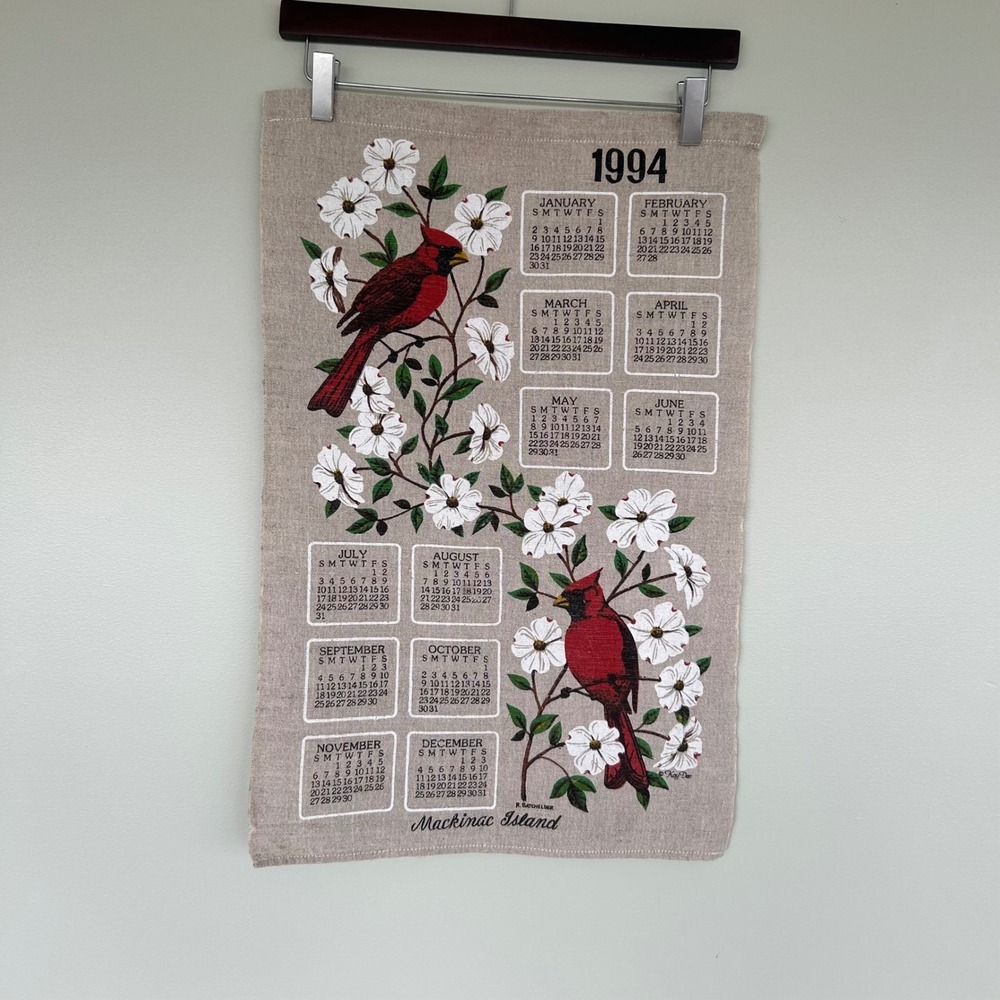 Kay Dee 1994 Calendar Tea Towel Mackinac Island Linen Red Cardinal Bird Dogwood